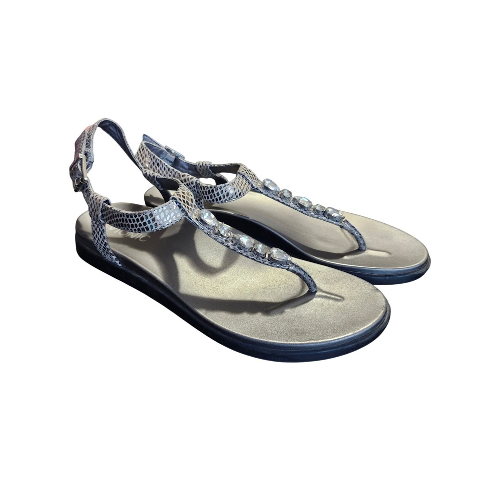 Vionic Palm Boca Jeweled T-Strap Sandals Women 9.5 Pewter Snake Print Rhinestone